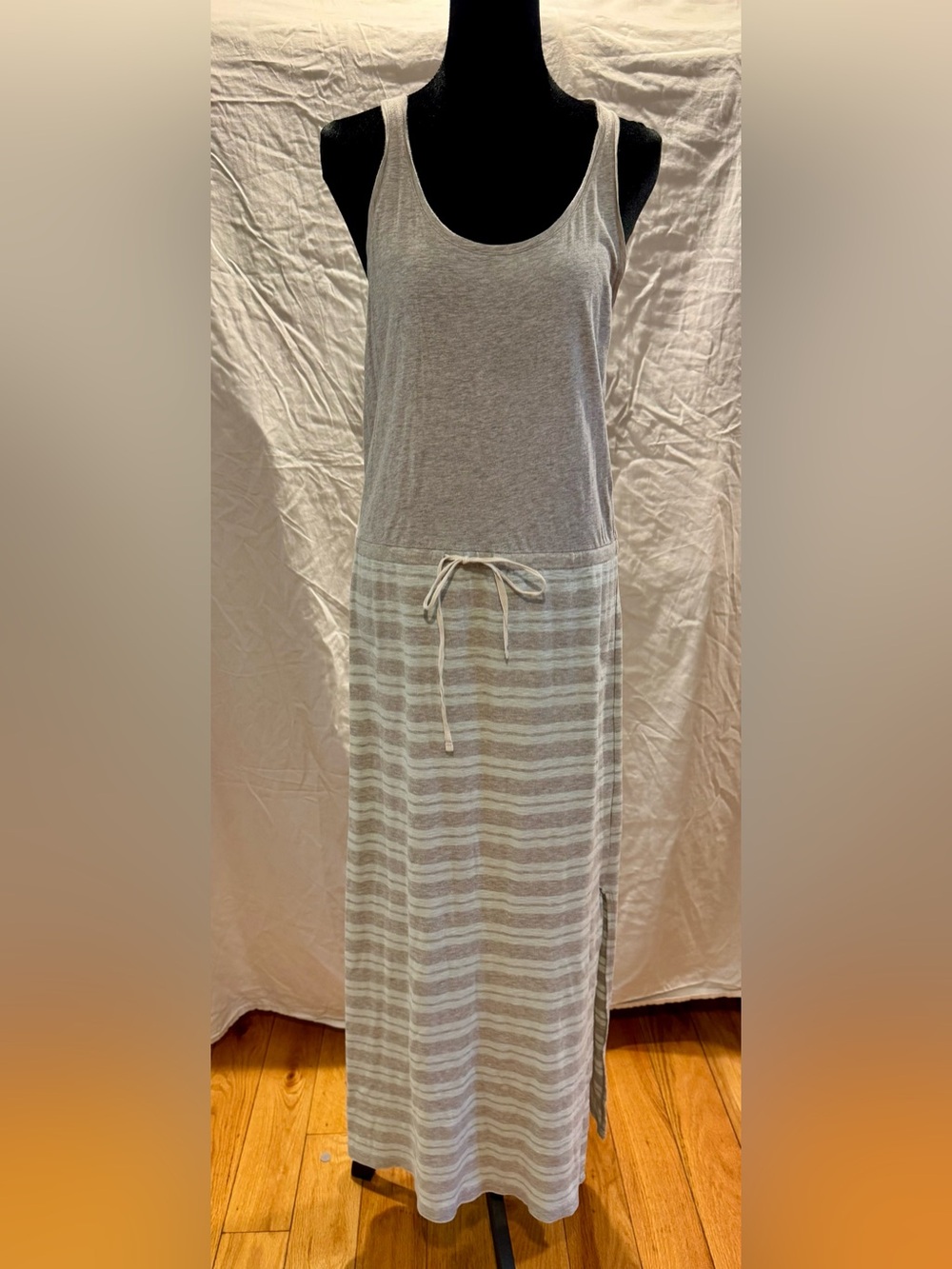 Gray Striped Drawstring Maxi Dress